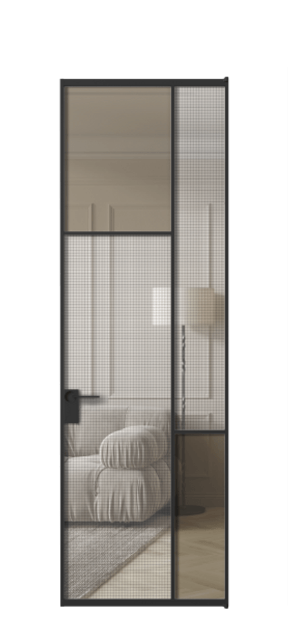 Межкомнатная дверь Mosaic АЛПЛ041.10 Алюминий Черный Mesh silver + Бронза прозрачное триплекс Цена 134043 ₽ | Volhovec