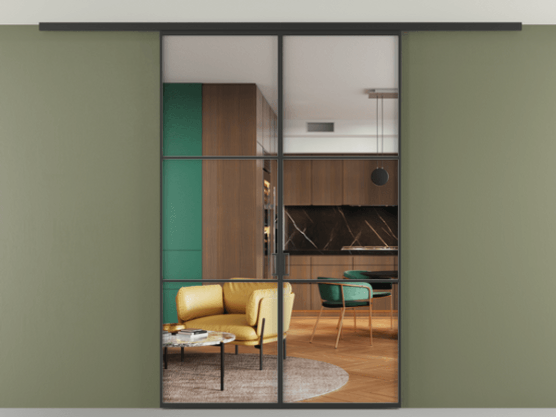 Перегородка Формато вдоль стены на потолок 2 створки АЛПР 040.03 Алюминий Черный Прозрачное стекло "Кристал Вижн", калёное Цена 208044 ₽ | Volhovec