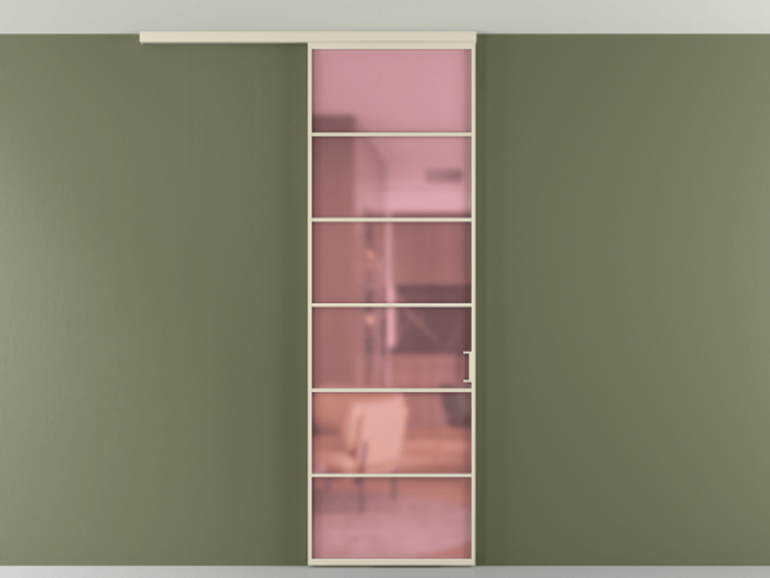 Перегородка Formato вдоль стены на потолок 1 створка АЛПР 040.04 Алюминий бежево-серый Сатинированное розовое стекло, триплекс Цена 126090 ₽ | Volhovec