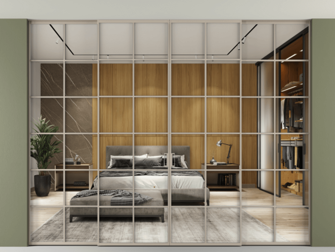 Перегородка Формато внутри проёма скрытое крепление в потолок 4 створки АЛПР 040.05 Алюминий бисквитный Двустороннее зеркало, триплекс , триплекс 6 мм Цена 484508 ₽ | Volhovec