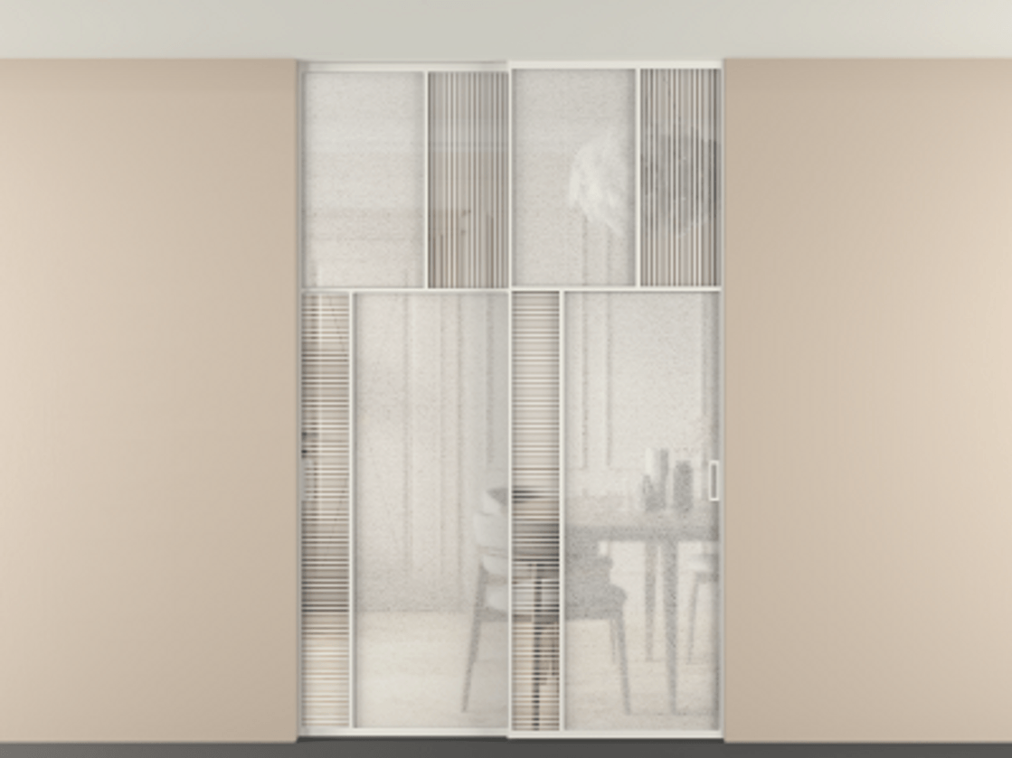 Перегородка Mosaic внутри проёма двустворчатая со скрытым креплением в потолок АЛПР 041.22 Алюминий Белый Рифлёное стекло "Дюна", триплекс, 6 мм + Фактурное стекло "Лёд", триплекс. Скрытый короб БЕЛ Цена 313020 ₽ . Фабрика дверей Волховец 8 (800) 551 43 19 Перегородка Mosaic внутри проёма двустворчатая со скрытым креплением в потолок АЛПР 041.22 Алюминий Белый Рифлёное стекло "Дюна", триплекс, 6 мм + Фактурное стекло "Лёд", триплекс Цена 313020 ₽ | Volhovec