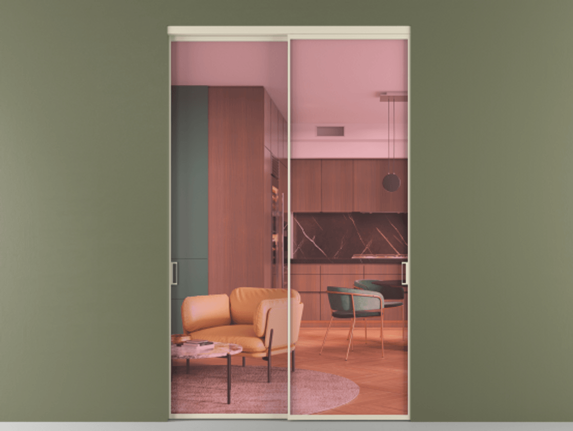 Перегородка Формато внутри проёма 2 створки АЛПР 040.01 Алюминий бежево-серый Прозрачное розовое стекло, триплекс Цена 416650 ₽  | Volhovec