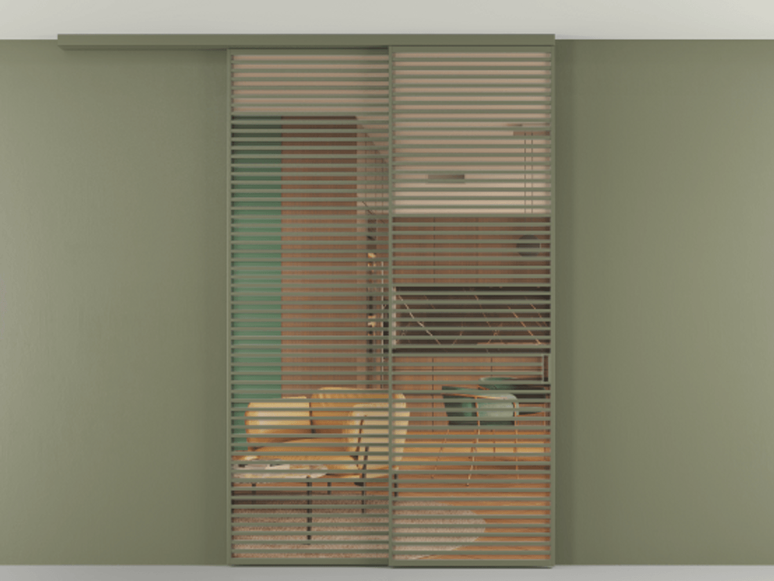 Перегородка Формато вдоль стены на потолок 2 створки с синхронным механизмом АЛПР 040.07 Алюминий оливковый тёмный Прозрачное оранжевое стекло, триплекс Цена 431415 ₽ | Volhovec