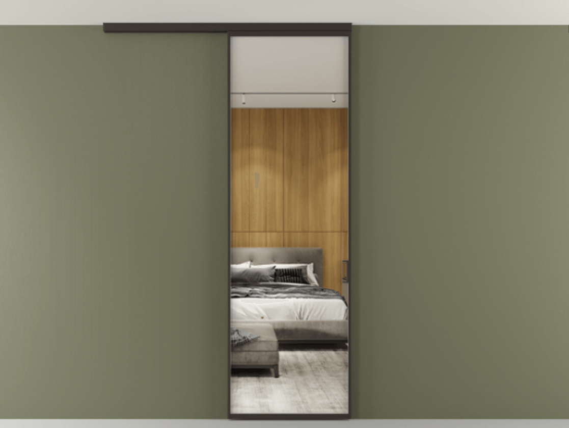 Перегородка Formato вдоль стены на потолок 1 створка АЛПР 040.01 Алюминий антрацит Двустороннее зеркало, триплекс , триплекс 6 мм Цена 96236 ₽ | Volhovec