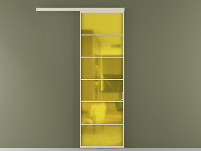 Алюминевая перегородка vd1_04_ Алюминий бежево-серый Сатинированное жёлтое стекло, триплекс, 6мм. Цвет Алюминий бежево-серый. Материал Алюминий в эмали. Коллекция Перегородка Formato вдоль стены одностворчатая. Картинка.