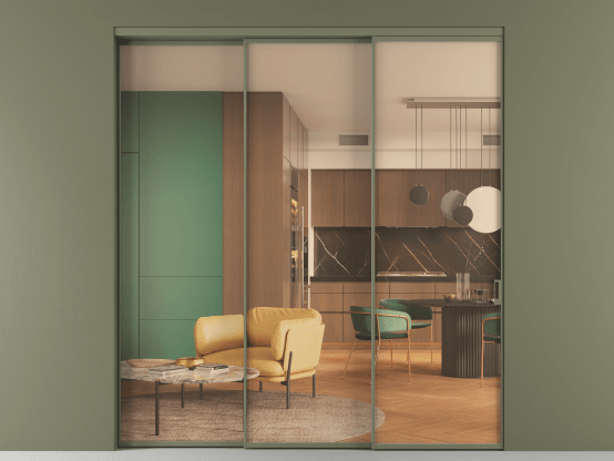 Алюминевая перегородка АЛПР 040.01_АОТ_ПРОЗ ОРАНЖ_new. Цвет Алюминий оливковый тёмный. Материал Алюминий в эмали. Коллекция Перегородка Formato внутри проёма 3 створки с синхронным механизмом. Картинка.