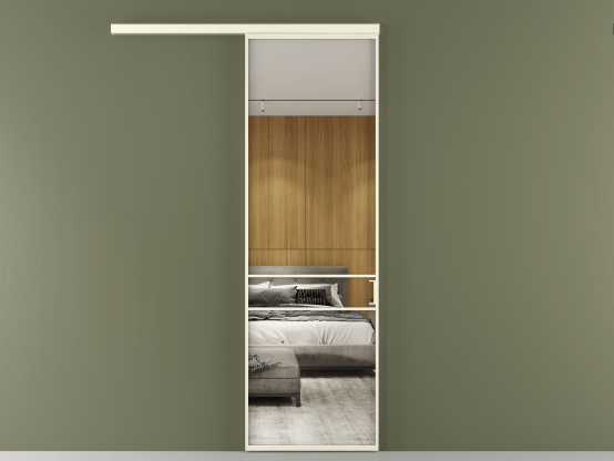 Алюминевая перегородка АЛПР 040.02_АМБ_Зеркало триплекс_new. Цвет Алюминий молочно-белый. Материал Алюминий в эмали. Коллекция Перегородка Formato вдоль стены 1 створка. Картинка.