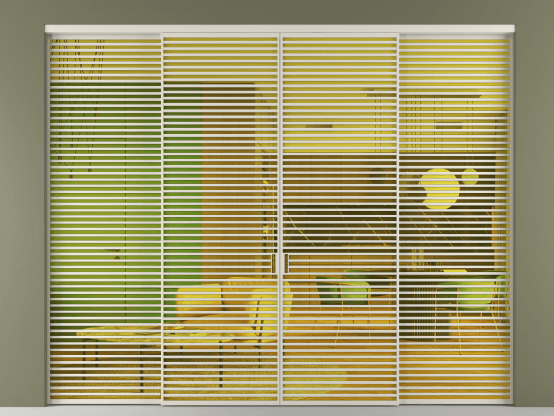 Алюминевая перегородка АЛПР 040.07_АОС_ПРОЗ ЖЕЛ_new. Цвет Алюминий облачно-серый. Материал Алюминий в эмали. Коллекция Перегородка Формато внутри проёма 4 створки. Картинка.