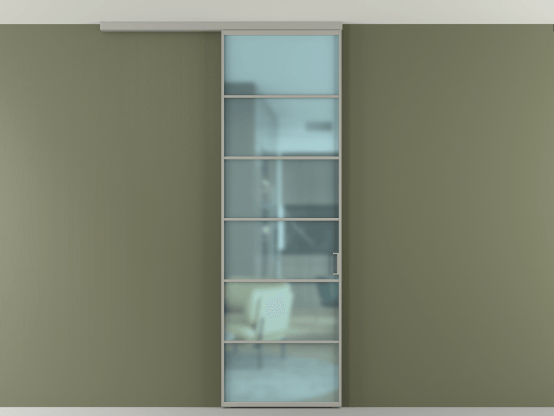 Алюминевая перегородка АЛПР 040.04_АНСР_САТ ГОЛ_new. Цвет Алюминий нейтральный серый. Материал Алюминий в эмали. Коллекция Перегородка Формато вдоль стены на потолок 1 створка. Картинка.