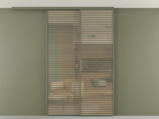 Алюминевая перегородка АЛПР 040.07_АОТ_САТ ОРАНЖ_new. Цвет Алюминий оливковый тёмный. Материал Алюминий в эмали. Коллекция Перегородка Формато вдоль стены на потолок 2 створки с синхронным механизмом. Картинка.