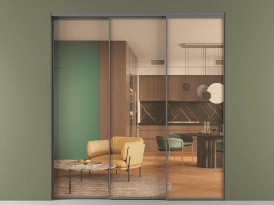 Алюминевая перегородка АЛПР 040.01_АКЛС_ПРОЗ ОРАНЖ_new. Цвет Алюминий классический серый. Материал Алюминий в эмали. Коллекция Перегородка Formato внутри проёма 3 створки с синхронным механизмом. Картинка.