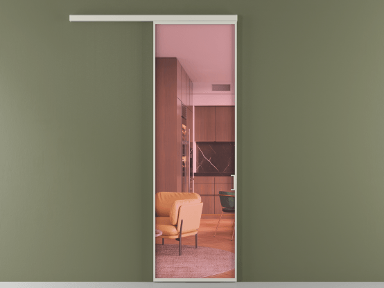 Алюминевая перегородка vd1_01_ Алюминий тёплый серый Прозрачное розовое стекло, триплекс, 6мм. Цвет Алюминий тёплый серый. Материал Алюминий в эмали. Коллекция Перегородка Формато вдоль стены 1 створка. Картинка.