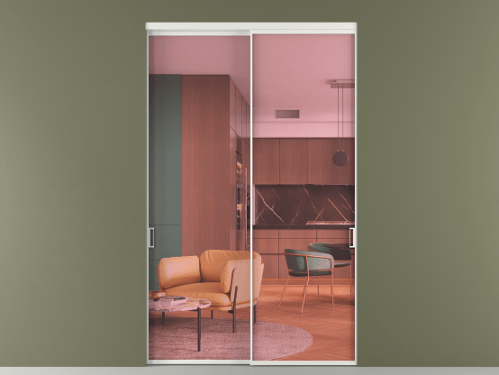 Алюминевая перегородка vn2_01_ Алюминий светло-серый Прозрачное розовое стекло, триплекс, 6мм. Цвет Алюминий светло-серый. Материал Алюминий в эмали. Коллекция Перегородка Формато внутри проёма 2 створки. Картинка.