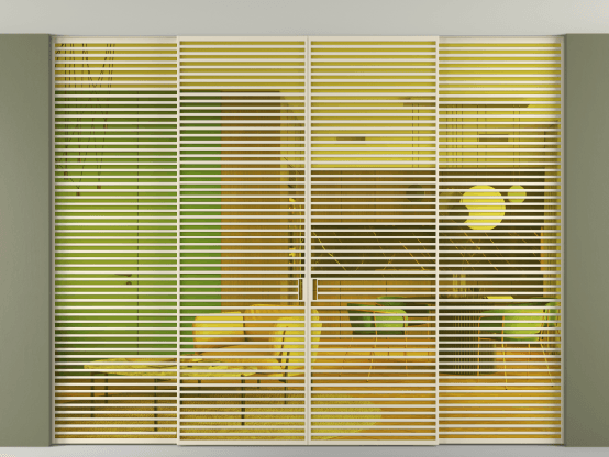 Алюминевая перегородка vn2+2_07 Алюминий бежево-серый Прозрачное жёлтое стекло, триплекс, 6мм. Цвет Алюминий бежево-серый. Материал Алюминий в эмали. Коллекция Перегородка Formato внутри проёма скрытое крепление в потолок 4 створки. Картинка.