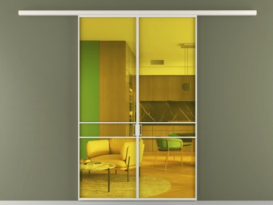 Алюминевая перегородка АЛПР 040.02_БЕЛ_ПРОЗ ЖЕЛ_new. Цвет Алюминий Белый. Материал Алюминий. Коллекция Перегородка Formato вдоль стены 2 створки. Картинка.