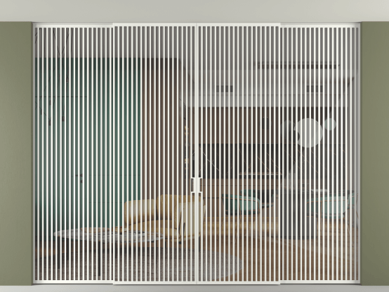 Алюминевая перегородка vn2+2_06 Алюминий светло-серый Stopsol Clear. Цвет Алюминий светло-серый. Материал Алюминий в эмали. Коллекция Перегородка Formato внутри проёма скрытое крепление в потолок 4 створки. Картинка.