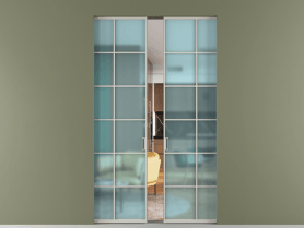 Алюминевая перегородка skr2_05_ Алюминий тёплый серый Сатинированное голубое стекло, триплекс, 6мм. Цвет Алюминий тёплый серый. Материал Алюминий в эмали. Коллекция Перегородка Formato скрытый пенал 2 створки. Картинка.