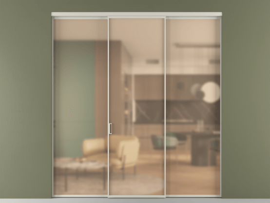 Алюминевая перегородка vn1+2_01_ Алюминий тёплый серый Сатинированное оранжевое стекло, триплекс, 6мм. Цвет Алюминий тёплый серый. Материал Алюминий в эмали. Коллекция Перегородка Formato внутри проёма 3 створки. Картинка.