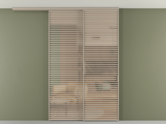 Алюминевая перегородка АЛПР 040.07_АБСК_САТ ОРАНЖ_new. Цвет Алюминий бисквитный. Материал Алюминий в эмали. Коллекция Перегородка Формато вдоль стены на потолок 2 створки с синхронным механизмом. Картинка.