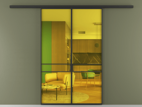 Алюминевая перегородка АЛПР 040.02_ЧРН_ПРОЗ ЖЕЛ_new. Цвет Алюминий Черный. Материал Алюминий. Коллекция Перегородка Formato вдоль стены 2 створки. Картинка.